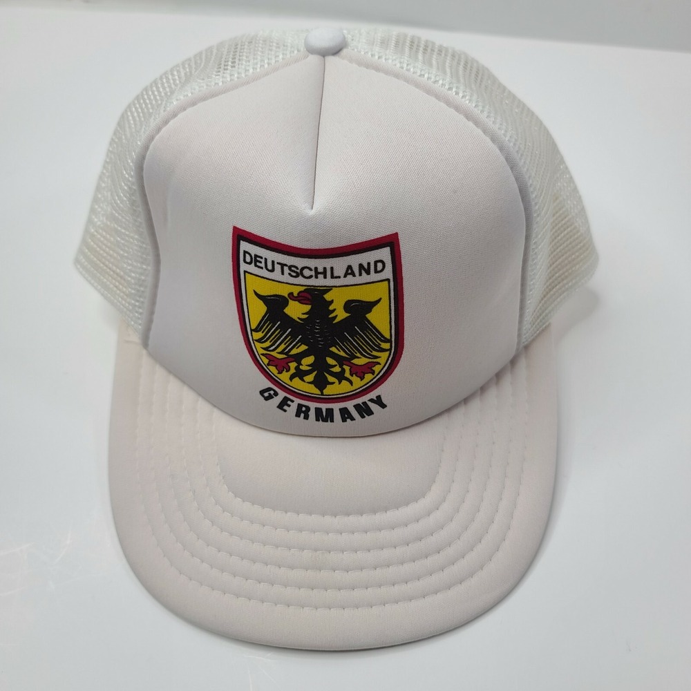 Vtg Deutschland Germany Crest White Trucker Hat Mesh SnapBack Adjustable Cap EUC